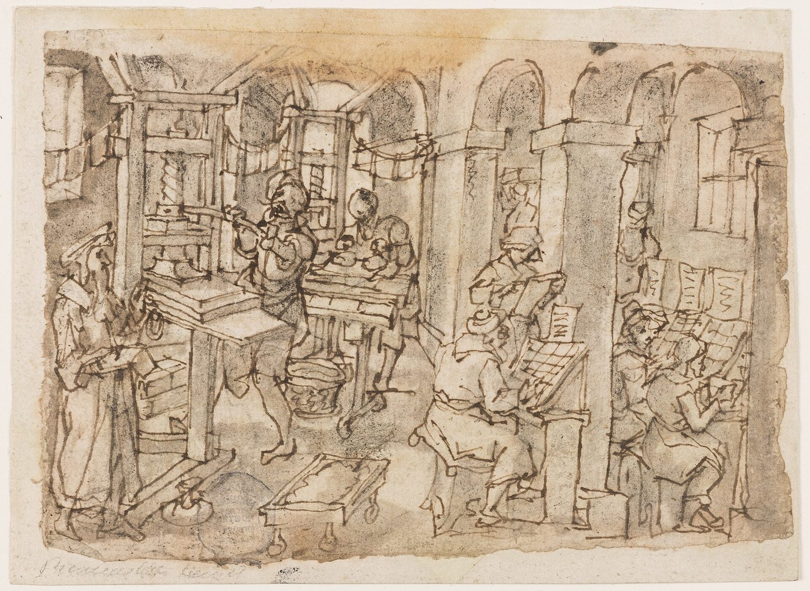 Sixteenth-century ink sketch of a printing workshop